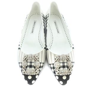 MANOLO BLAHNIK ハンギシ ファブリック ビジュー フラットシューズ パンプス 柄 24.5cm ブラック グレー