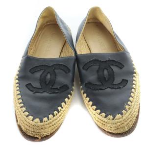 CHANEL エスパドリーユ ロゴ シューズ ココマーク レザー 37 24cm 黒 ブラック