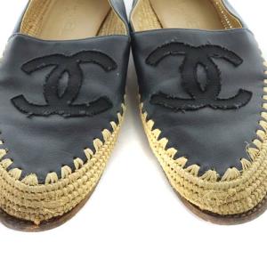 CHANEL エスパドリーユ ロゴ シューズ ココマーク レザー 37 24cm 黒 ブラック