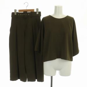 セットアップ 上下 プルオーバー カットソー ブラウス 五分袖 ワイドパンツ タック ベルト付き M カーキブラウン