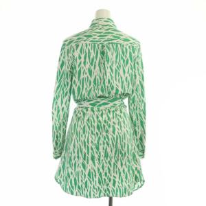 DIANE von FURSTENBERG 総柄シャツワンピース 膝丈 長袖 金ボタン 2 緑 グリーン オフホワイト