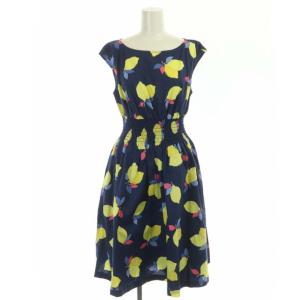 シャーリングワンピース レモン柄 ひざ丈 ノースリーブ 4 紺 黄 マルチカラー ネイビー イエロー OUMU1261