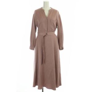 21AW レーヨンウールジョーゼットフレアワンピース ロング 長袖 ベルト付き 38 ピンク