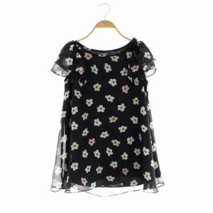 フラワーシフォンチュニックブラウス フレンチスリーブ フリルスリーブ 総柄 プルオーバー 38 黒 ブラック マルチカラー