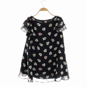 M'S GRACY フラワーシフォンチュニックブラウス フレンチスリーブ フリルスリーブ 総柄 プルオーバー 38 黒 ブラック マルチカラー
