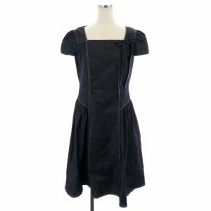 グログランリボンデニムフレアワンピース 膝丈 フレンチスリーブ スクエアネック ステッチ 38 グレー 黒 ブラック 白 ホワイト