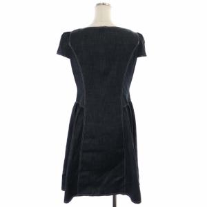 M'S GRACY グログランリボンデニムフレアワンピース 膝丈 フレンチスリーブ スクエアネック ステッチ 38 グレー 黒 ブラック 白 ホワイト