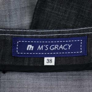M'S GRACY グログランリボンデニムフレアワンピース 膝丈 フレンチスリーブ スクエアネック ステッチ 38 グレー 黒 ブラック 白 ホワイト