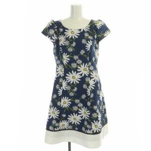 M'S GRACY マーガレットワンピース 膝丈 フレア フレンチスリーブ クルーネック 総柄 38 青 ブルー マルチカラー