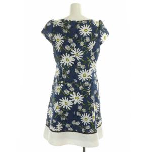 M'S GRACY マーガレットワンピース 膝丈 フレア フレンチスリーブ クルーネック 総柄 38 青 ブルー マルチカラー