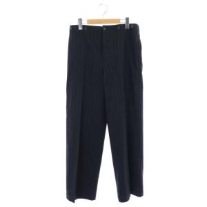 ワイドパンツ ボタンフライ バックストラップ ストライプ ウール 3 黒 ブラック