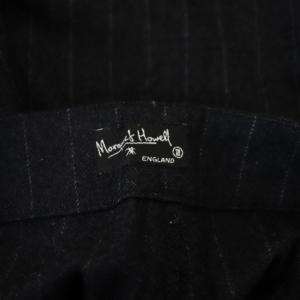 MARGARET HOWELL ワイドパンツ ボタンフライ バックストラップ ストライプ ウール 3 黒 ブラック