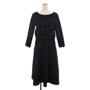 バイカラーレースジャガードフレア ワンピース ニット ロング 長袖 38 黒 白 ブラック ホワイト