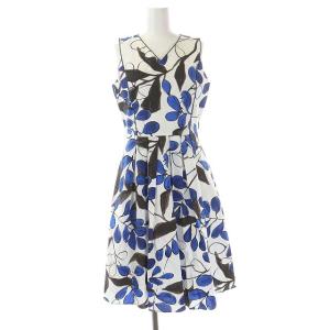 総柄 ノースリーブワンピース 膝丈 フレア 38 白 茶 青 黒 ホワイト ブラウン ブルー ブラック