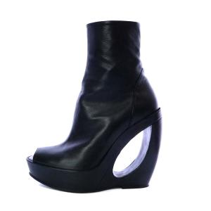 ANN DEMEULEMEESTER ブーツ ショート オープントゥ ハイヒール プラットフォーム レザー 36.5 23.5cm 黒 ブラック