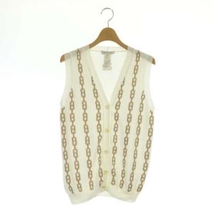 ヴィンテージ チェーン柄ハイゲージコットンニットベスト 前開き Vネック L 白 ホワイト モカ