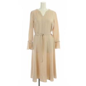 ベルト付きワンピース 長袖 フレア ロング デザインVネック 36 ピンク