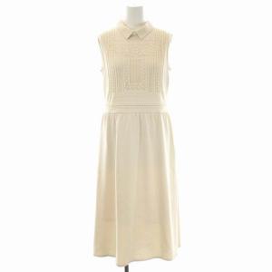 ANAYI ニットワンピース ノースリーブ ステンカラー ロング かぎ編み 切り替え ギャザー インナー付き 38 ライトベージュ