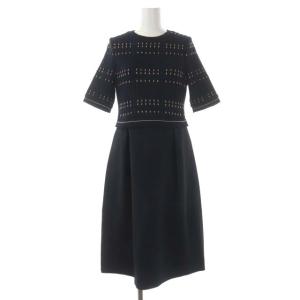 ブロック柄 ニットフレアワンピース ドッキングワンピース タック 切替 ウール混 ミモレ丈 ロング 半袖 38 紺 濃紺 ネイビー