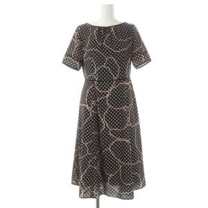 ドットラインフラワープリントフレアワンピース ロング 半袖 36 黒 ピンクベージュ