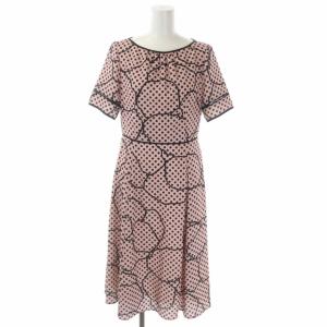 ドットラインフラワープリントフレアワンピース 半袖 ミモレ丈 ロング 36 ピンク 黒 ブラック