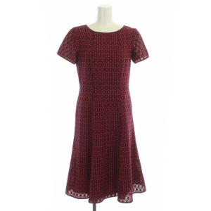 ワンピース 半袖 ショートスリーブ フィットアンドフレア 膝丈 総柄 ラウンドネック 38 マゼンタピンク 黒 ブラック