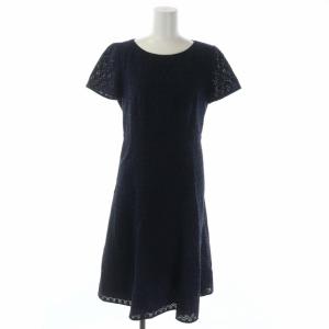 ショートスリーブ 総柄 フィットアンドフレア ワンピース ミモレ丈 ロング 38 紺 ネイビー チャコール