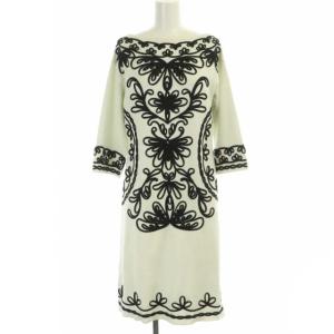 23SS コード刺繍 ニット ワンピース ロング 七分袖 ボートネック 36 白 黒 ホワイト ブラック