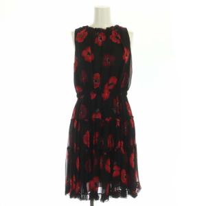 花柄ティアードワンピース ノースリーブ フレア 膝丈 フリルネック 0 黒 赤 ブラック レッド
