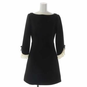 ボートネックフリル袖ワンピース 膝丈 フレア 長袖 リボン 黒 ブラック アイボリー