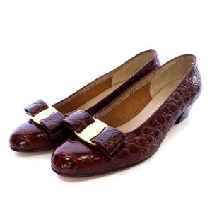 パンプス チャンキーヒール ヴァラ リボンモチーフ 型押し レザー 5C 22.5cm 茶色 ブラウン