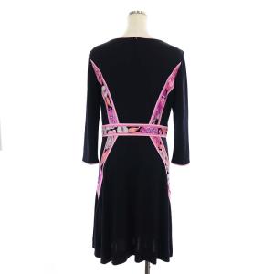 LEONARD FASHION カンカン素材 ワンピース セミフレア 八分袖 花柄 ひざ丈 40 ブラック ピンク