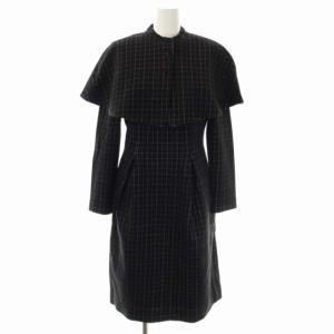 ケープ付き ワンピース ロング 長袖 タイト チェック柄 タック 38 黒 白 ブラック ホワイト