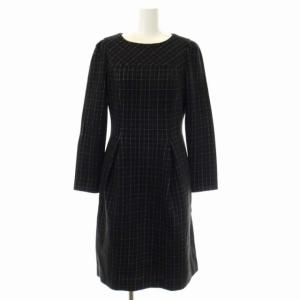 M'S GRACY ケープ付き ワンピース ロング 長袖 タイト チェック柄 タック 38 黒 白 ブラック ホワイト
