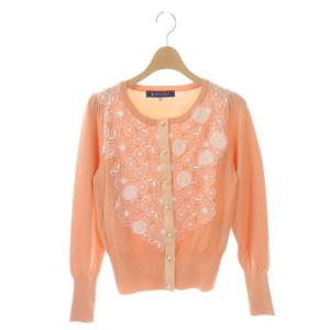 カーディガン レース ニット クルーネック 長袖 パールボタン 38 サーモンピンク 白 ホワイト