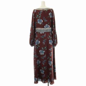 GRACE CONTINENTAL ローズラインプリントワンピース Vネック フレア 花柄 長袖 ロング 38 茶 ブラウン マルチカラー