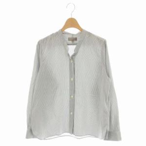 21AW シルクコットンストライプシャツ 長袖 前開き ノーカラー 1 グレー オフホワイト