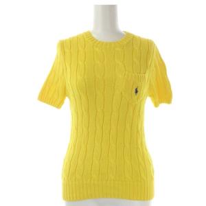 コットン半袖ケーブルニット セーター クルーネック プルオーバー ロゴ刺繍 SP 黄色 イエロー