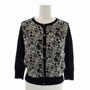 21AW モノトーンフラワープリントカーディガン ニット クルーネック 八分袖 36 黒 ブラック オフホワイト