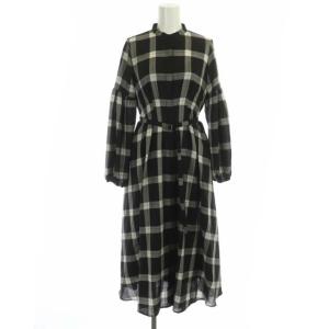 22AW ウールボイルパフスリーブフレアワンピース 長袖 ロング チェック ベルト付き 34 黒 白