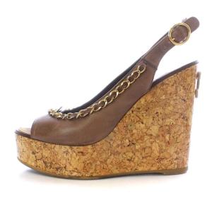 CHANEL サンダル ウエッジソール ココマーク チェーン レザー 36.5 ブラウン