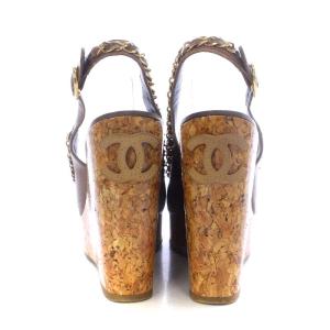 CHANEL サンダル ウエッジソール ココマーク チェーン レザー 36.5 ブラウン