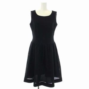 ウエストリボン ノースリーブワンピース フレア ギャザー ミディ ひざ丈 40 黒 ブラック