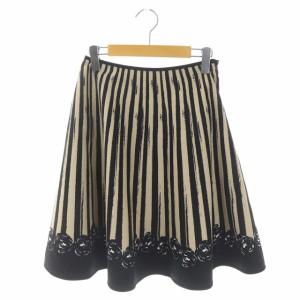 M'S GRACY ストライプカメリアプリントスカート フレア 膝丈 総柄 38 アイボリー 黒 ブラック