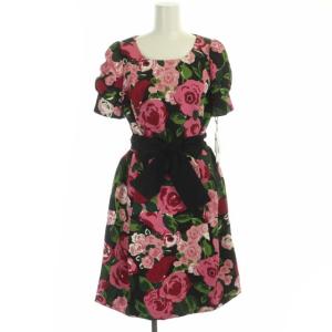 花柄 半袖 ワンピース ひざ丈 リボンベルト付き 40 ピンク 黒 緑 ブラック グリーン