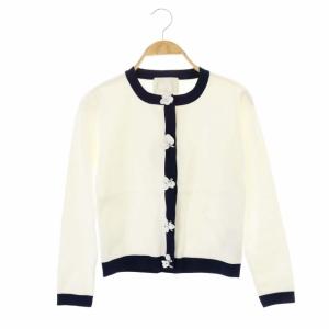 バイカラー カーディガン ニット 長袖 クロップド ビジュー パール F 白 紺 ホワイト ネイビー