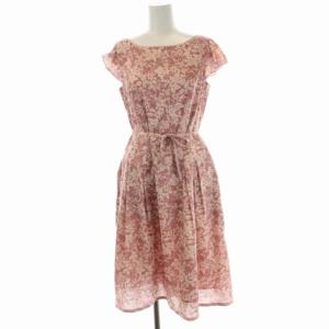 洗える BURTON ドレス ワンピース ロング ミモレ丈 半袖 ボタニカル柄 タック フレア ウエストリボン 2 スモーキーピンク