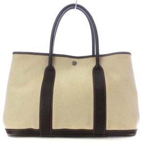 HERMES ガーデンパーティPM トートバッグ ハンドバッグ キャンバス H刻印 アイボリー ダークブラウン