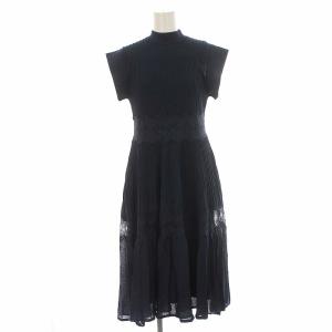 21SS レース切替ニットワンピース ロング フレンチスリーブ 36 紺 ネイビー