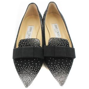 JIMMY CHOO パンプス スエード ラインストーン リボン フラット ポインテッドトゥ 35 22cm 黒 ブラック